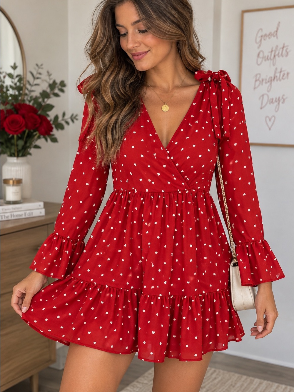 SHEIN Red Heart Print Ruffle Mini Dress Size M Long Sleeve Bow Tie
